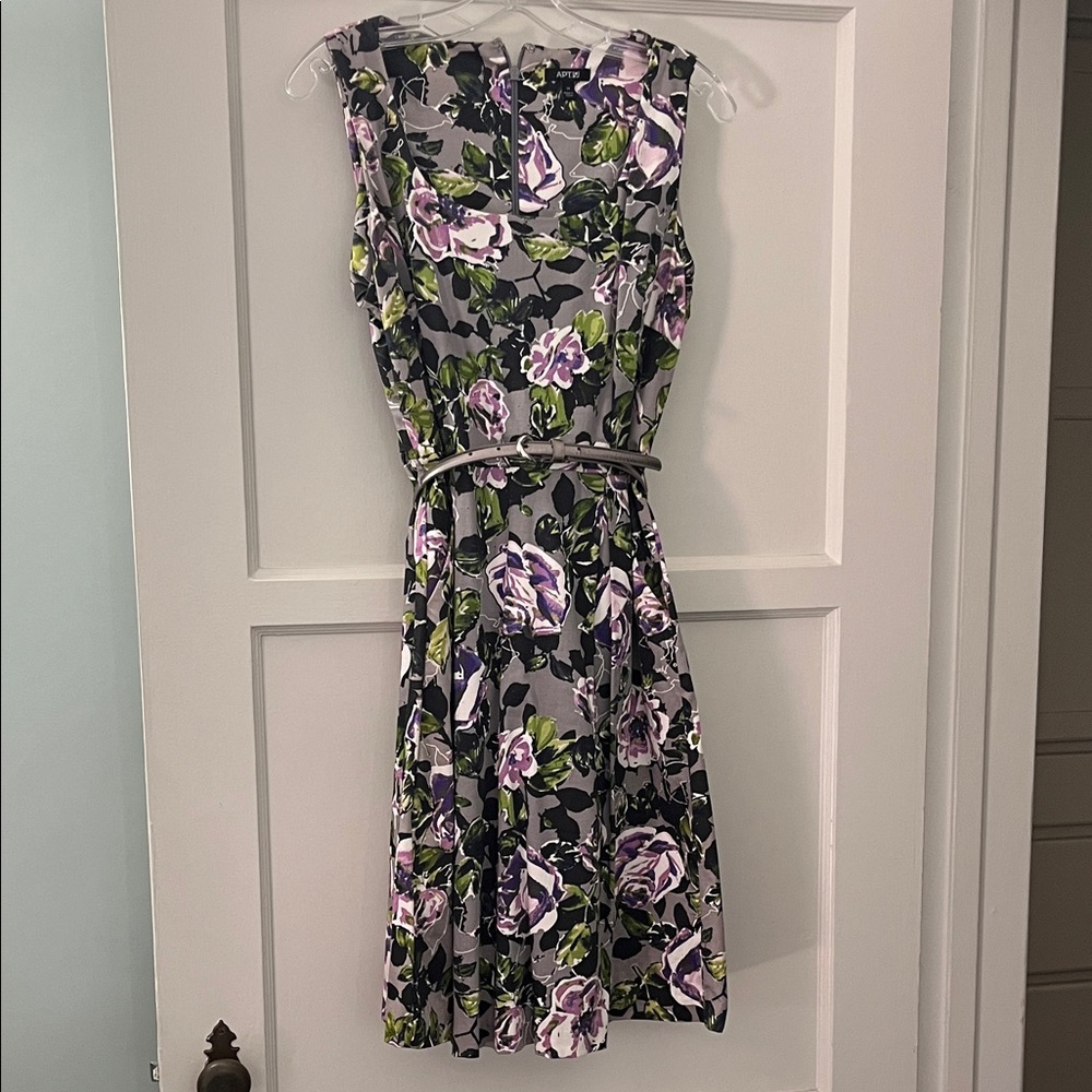 Gray Sleeveless Midi Dress with Purple Floral Print